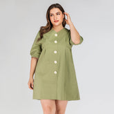 Plus size women's V-neck retro single breasted thin solid color mid-sleeved dress Sai Feel